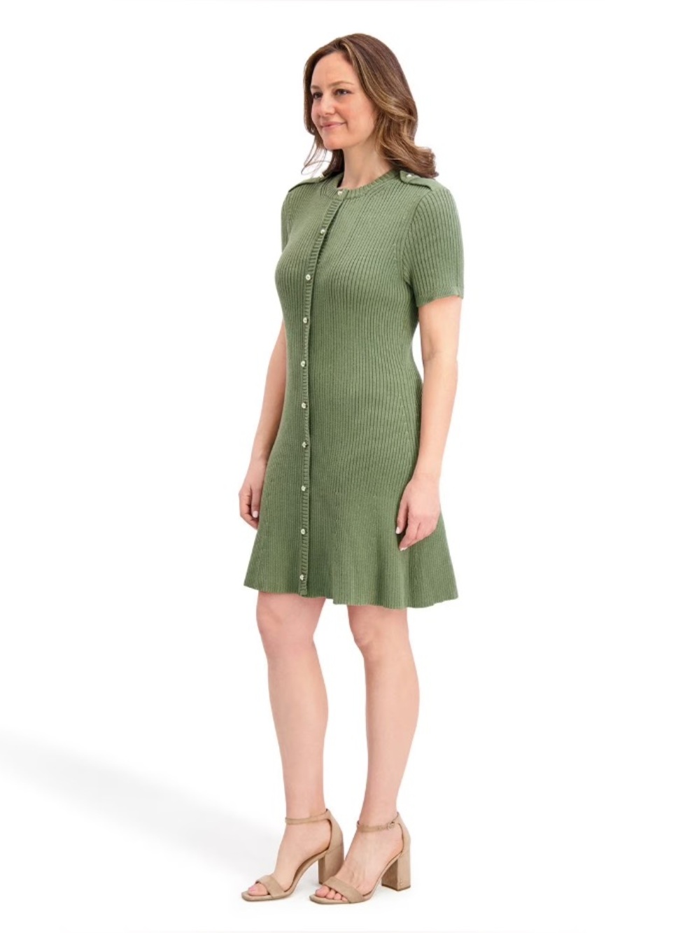 French Connection Mini Knit Sweater Dress w/ Gold Button Front, Green – Large